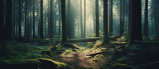 Foggy fir forest in vintage retro hipster style view. AI generated image