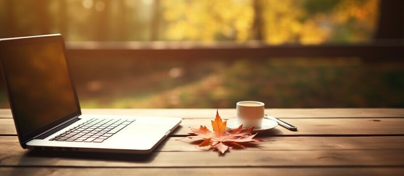 Laptop on wooden table with sunbeam blur nature background. AI generated image