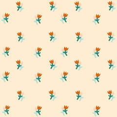 vector pattern of scattered small tulips on a beige or peach background, simple pattern with tulips