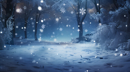 Beautiful snowflakes in an winter park on a br - obrazy, fototapety, plakaty
