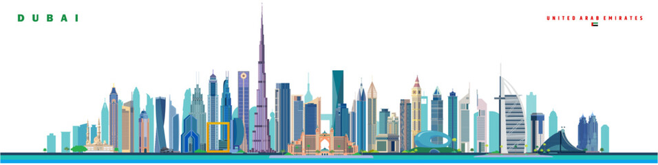 Dubai city landmarks panoramic colourful vector illustration isolated on white background, UAE