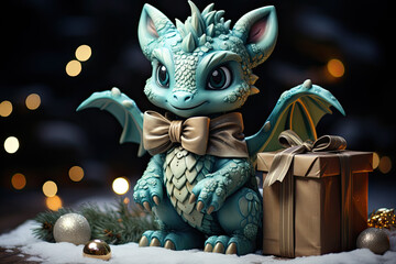 Cute baby dragon with a bow around his neck, with a Christmas gift and balloons, a fir branch on a snowy surface on a sparkling glitter blurred bokeh background