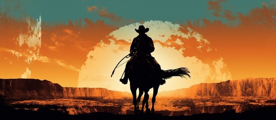 Silhouette cowboy riding horse on sunset background. AI generated image - obrazy, fototapety, plakaty