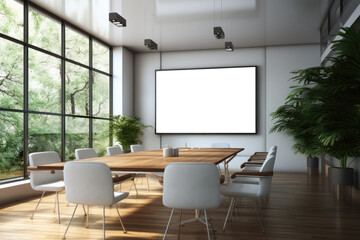 A conference room with a projection blank screen, a presentation mock-up. Concept of business presentations. Generative Ai.