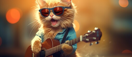 The cat musician in glasses playing acoustic guitar and singing. AI generated