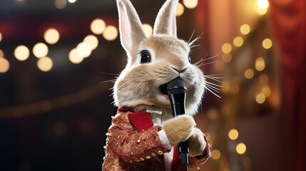 Cute rabbit wearing glasses singing using microphone on stage.AI generated