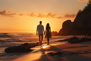 Crédence de cuisine en verre imprimé Coucher de soleil sur la plage A contented couple taking a peaceful sunset stroll on the beach. Concept of love and relaxation. Generative Ai.