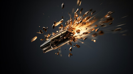 Bullet in slow motion, leaving a trail of fire, smoke and debris behind it. Exploding projectile. A rifle round in mid-flight. On dark background. Flying bullet Close up. Dramatic and dynamic. - obrazy, fototapety, plakaty