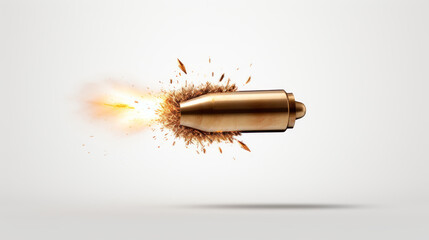 Bullet in slow motion, leaving trail of fire, smoke and debris behind it. Exploding projectile. A rifle round in mid-flight. On light background. Flying bullet Close up. Dramatic and dynamic. - obrazy, fototapety, plakaty