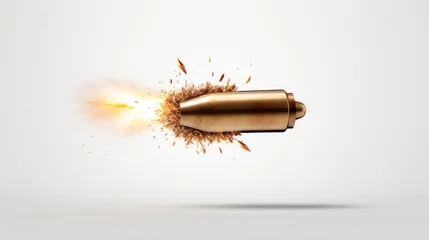 Muurstickers Bullet in slow motion, leaving trail of fire, smoke and debris behind it. Exploding projectile. A rifle round in mid-flight. On light background. Flying bullet Close up. Dramatic and dynamic. © Jafree