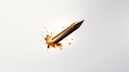 Bullet in slow motion, leaving a trail of fire, smoke and debris behind it. Exploding projectile. A rifle round in mid-flight. On white background. Flying bullet Close up. Dramatic and dynamic.