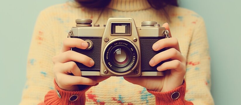 Young cheerful woman traveler holds a camera in her hands isolated background