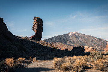 Panoramic view of Roque Cinchado rock formation with famous Pico del Teide mountain volcano summit...