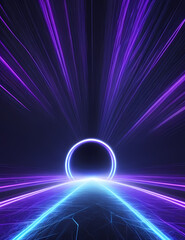 Abstract 3d rendered lightspeed hyperspace concept. A room with bright purple neon rays and lines glowing in ultraviolet runs in the direction of a portal