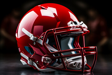 Close-up shot of American football helmet lying on green field of football stadium. Protective helmet with wire mask is an important element of a football player's equipment. Blurred background.