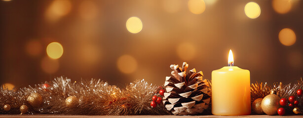 fondo  de vela de navidad encendida junto decoración navideña sobre soporte de madera y fondo dorado desenfocado