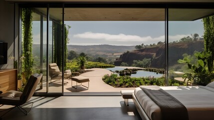 Luxury house interior, view from terrace overlooking the valley. Luxury hotel room interior with a view of the vineyards.