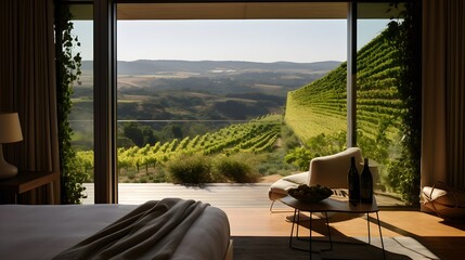 Luxury house interior, view from terrace overlooking the valley. Luxury hotel room interior with a view of the vineyards.