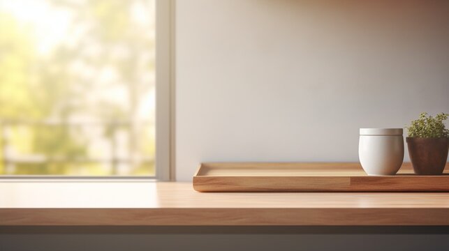 An image that encapsulates the simplistic elegance of an empty Podium, subtly contrasted against a softly blurred Kitchen background