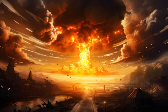 A nuclear explosion, a disaster landscape with a flash of light, a giant column of fire and clouds of smoke. The release of radiant energy. Environmental disaster.