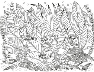 Obraz premium Coloring page for children and adults. Fabulous underwater world.