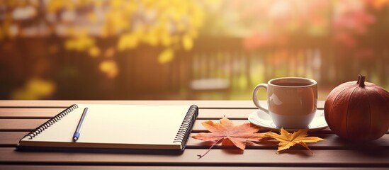 Notepad book on wooden table with sunbeam blur nature background. AI generated
