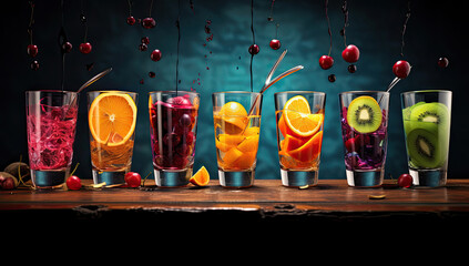 Fresh fruit cocktails closeup food photography low angle - obrazy, fototapety, plakaty