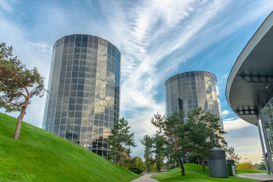 WOLFSBURG, GERMANY, 28 September 2023: View of Car Towers, a famous Autostadt landmark in Wolfsburg