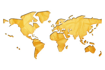 Simplified world map with isolated paper cutout effect revealing gold crumpled paper background