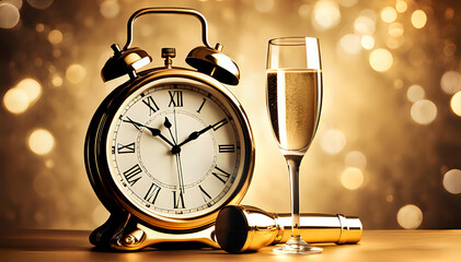 Wine Champagne and clock on table for Party Celebration with sparkling bokeh background. Copy Space
