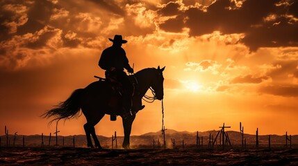 Silhouette cowboy riding horse on sunset background. AI generated image