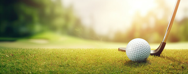 Golf tee on green meadow and white ball in cut grass ready to play golf. banner