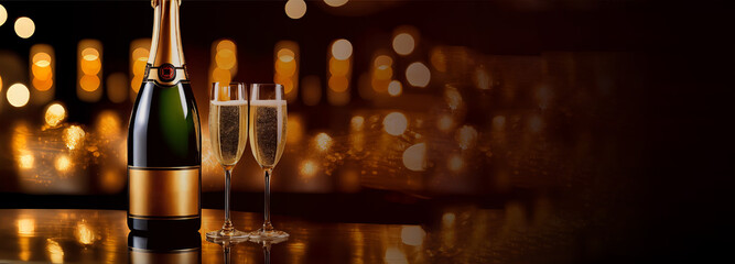 Party Celebration with Wine Champagne with sparkling bokeh background. Event Celebration. Copy Space - obrazy, fototapety, plakaty