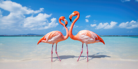 Pink Flamingos standing in the blue ocean