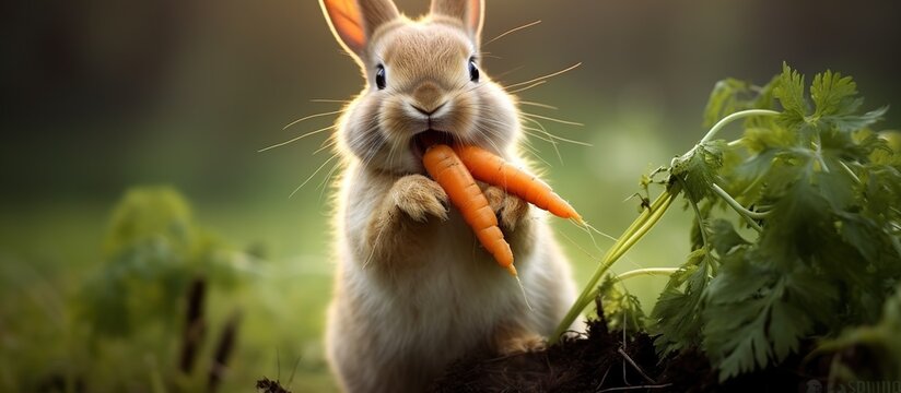 Cute red brown rabbit eating carrot on dark background. AI generated image