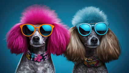 Two lovely poodles wearing sunglasses with vibrant colored frames and colorful hair