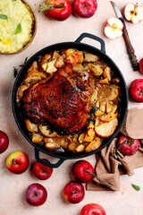 Turkey thigh roasted with apples.top veiw .style rustic.