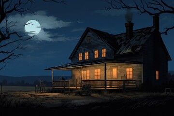 night shot of lit farmhouse, magazine style illustration