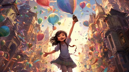 woman with colorful balloons - obrazy, fototapety, plakaty