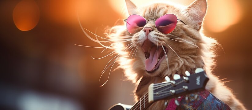 The cat musician in glasses playing guitar and singing. AI generated image