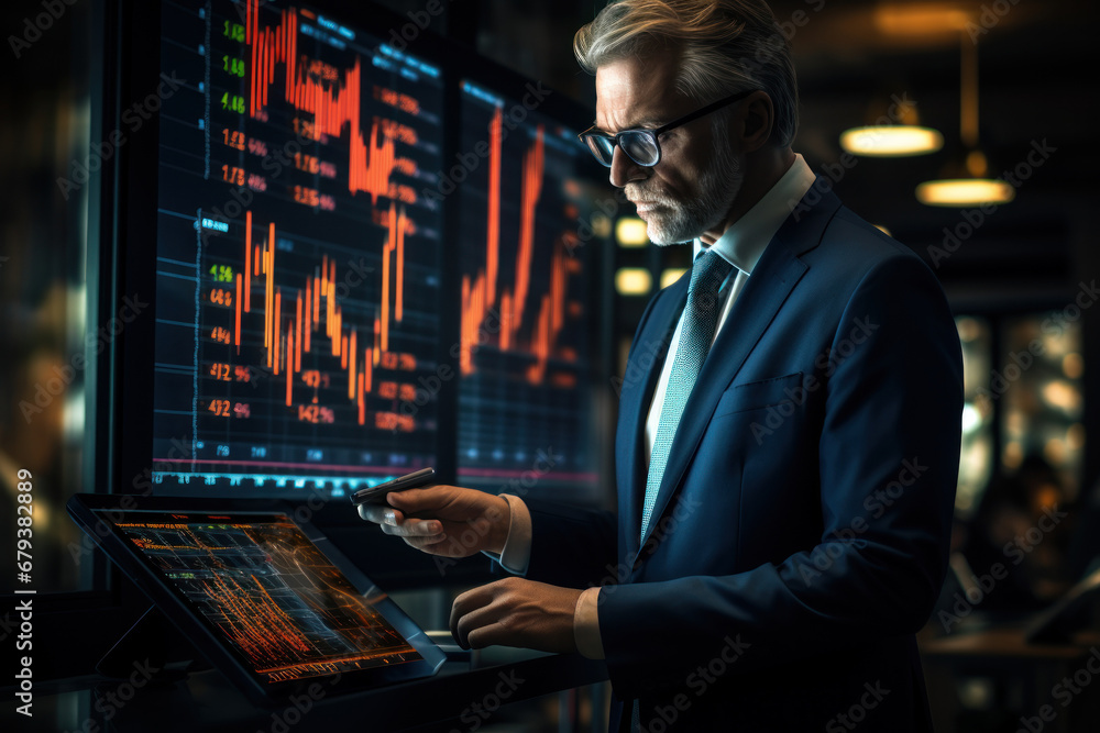 Poster a confident businessman in a sharp suit, holding a tablet with financial charts and graphs. concept 
