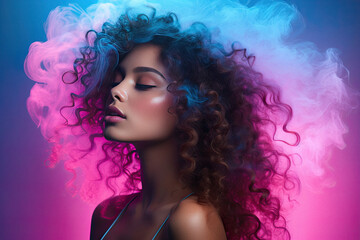 Fototapeta premium Young woman surrounded by a colorful cloud of smoke