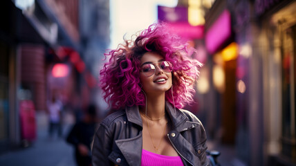 Beautiful curly hair woman with sunglasses in pink clothes walking outdoors