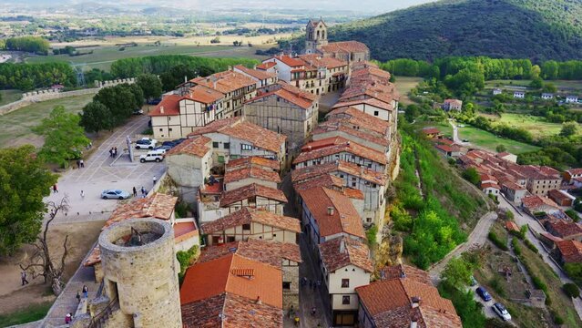 Panoramic view of the medieval houses of the village of Frias located on a hill, Burgos.