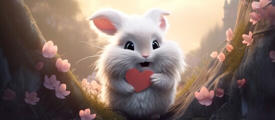 Rendering white bunny with long ears holds a red heart on a blur background