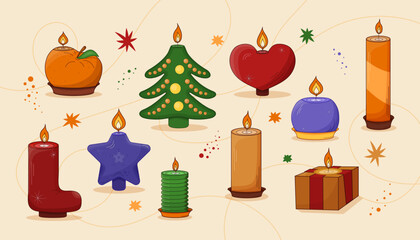 Fototapeta na wymiar set Candles New Year. Christmas tree, star, gift boot, tangerine, gift, heart. Vector illustration.