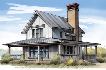 Naklejka premium metal chimney on modern farmhouse roof, magazine style illustration