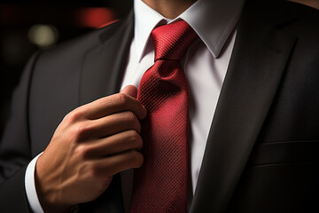 A close-up of a businessman's hand adjusting a tie, signifying attention to detail and professionalism in appearance. Concept of polished image. Generative Ai.