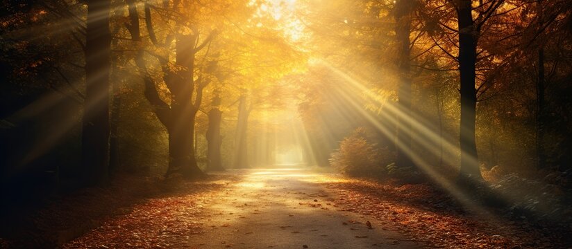 Scenic autumn forest path road with sunlight nature landscape. AI generated image