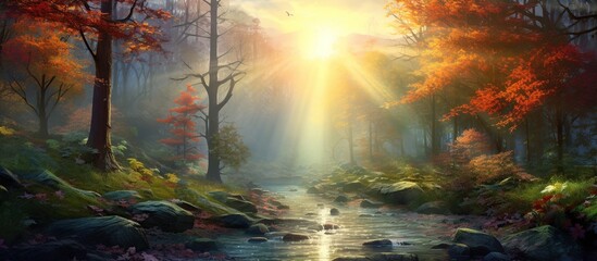 Scenic autumn forest with river landscape. AI generated image - obrazy, fototapety, plakaty